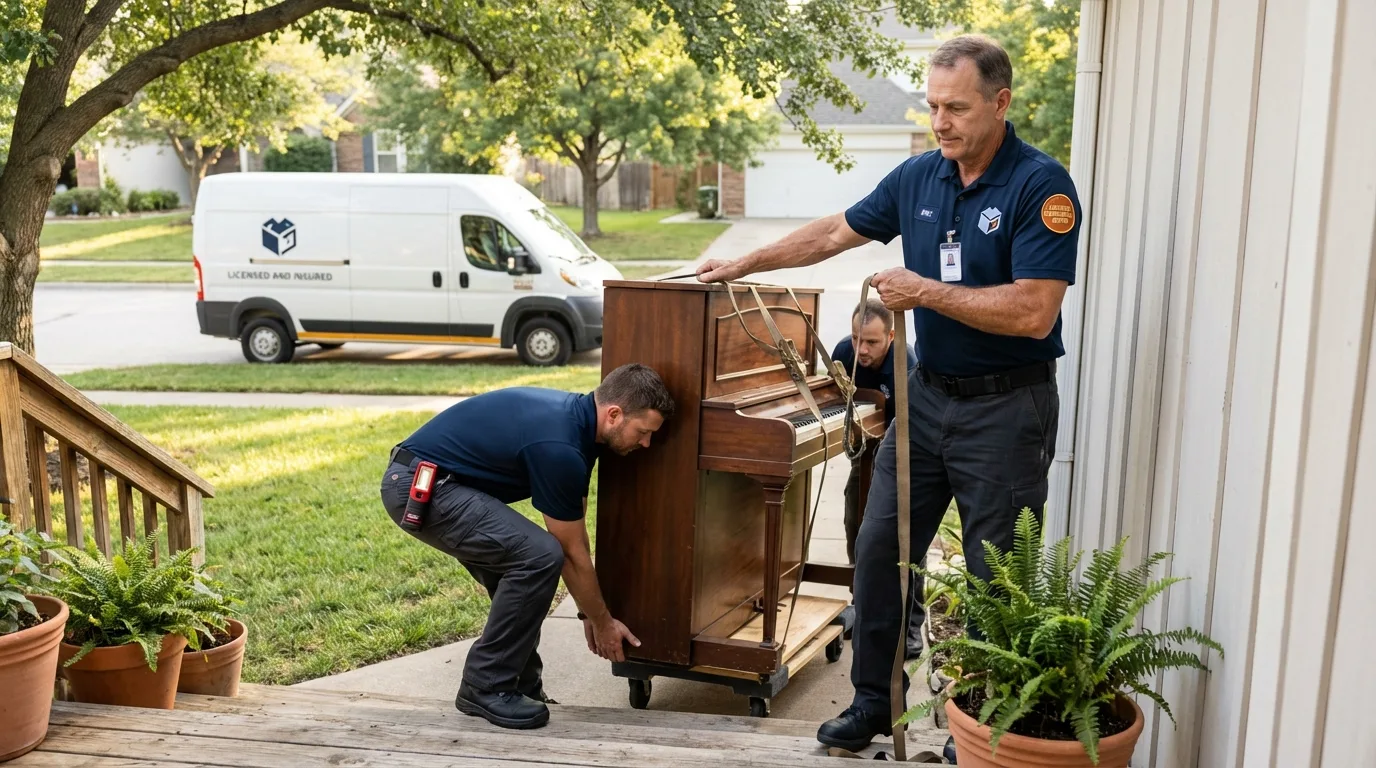 Licensed piano movers securing grand piano in Newville, PA