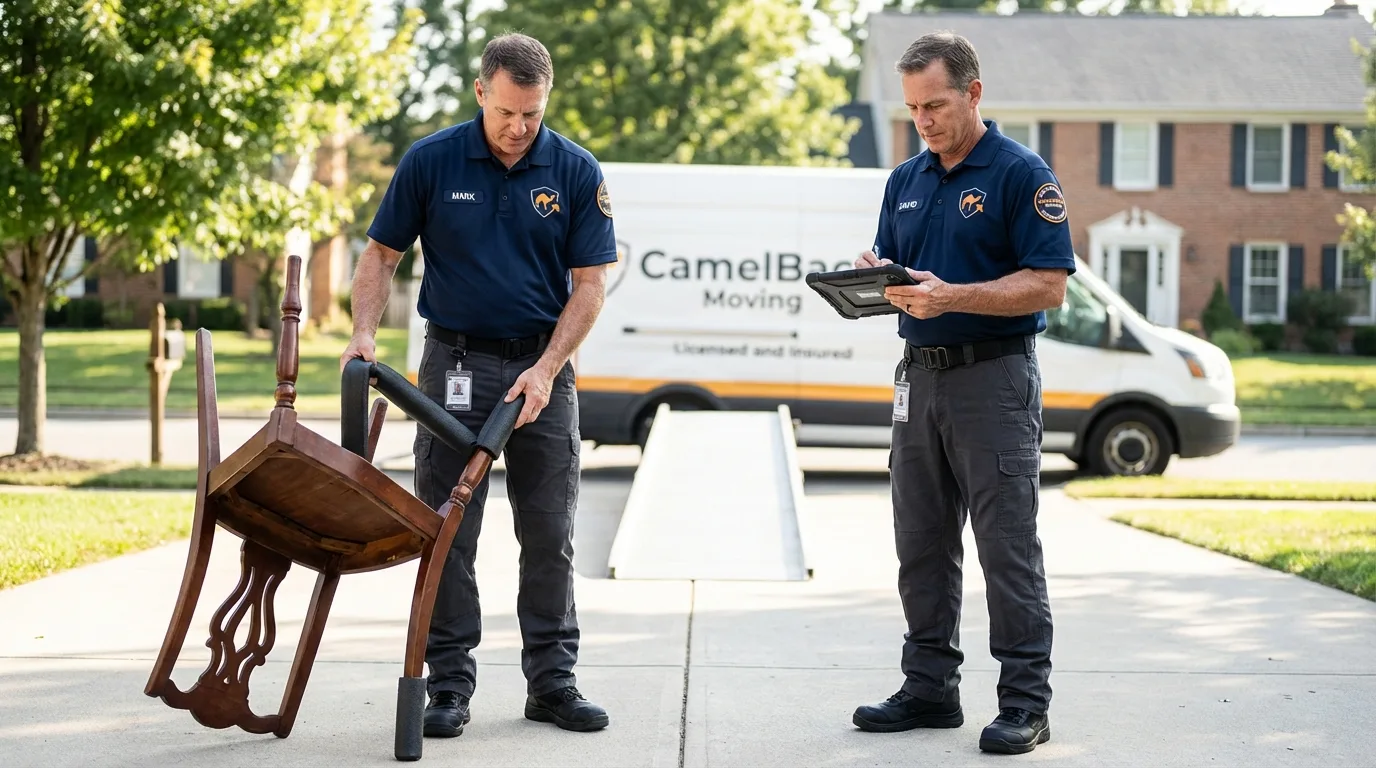 Movers inspecting furniture for damage prevention before loading in Newville, PA