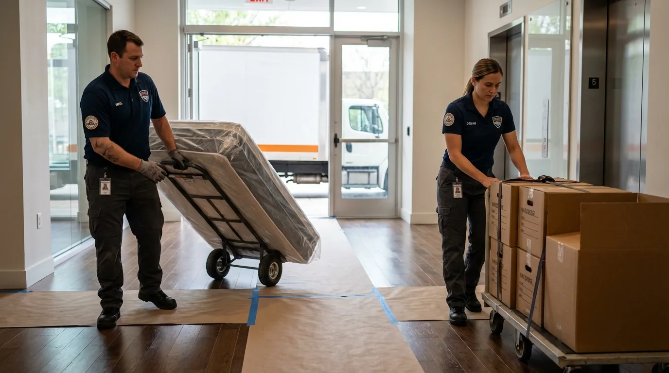 Professional apartment movers loading elevator in Newville, PA